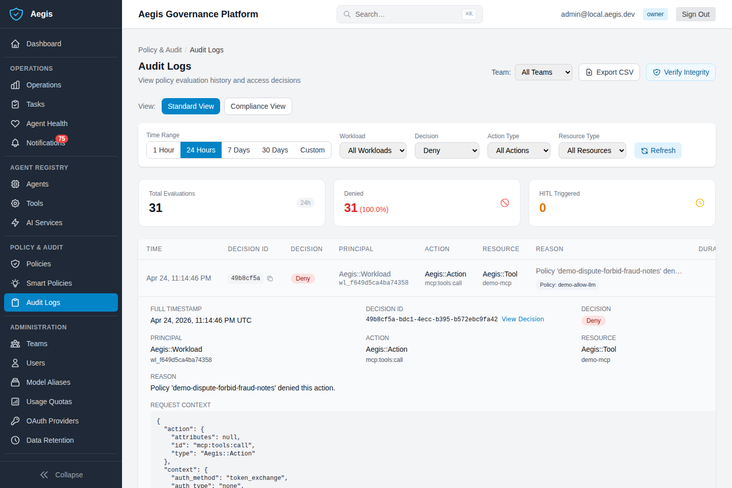 Aegis governance UI audit log showing a deny event — workload identity, denied tool call, and policy name are recorded with full request context